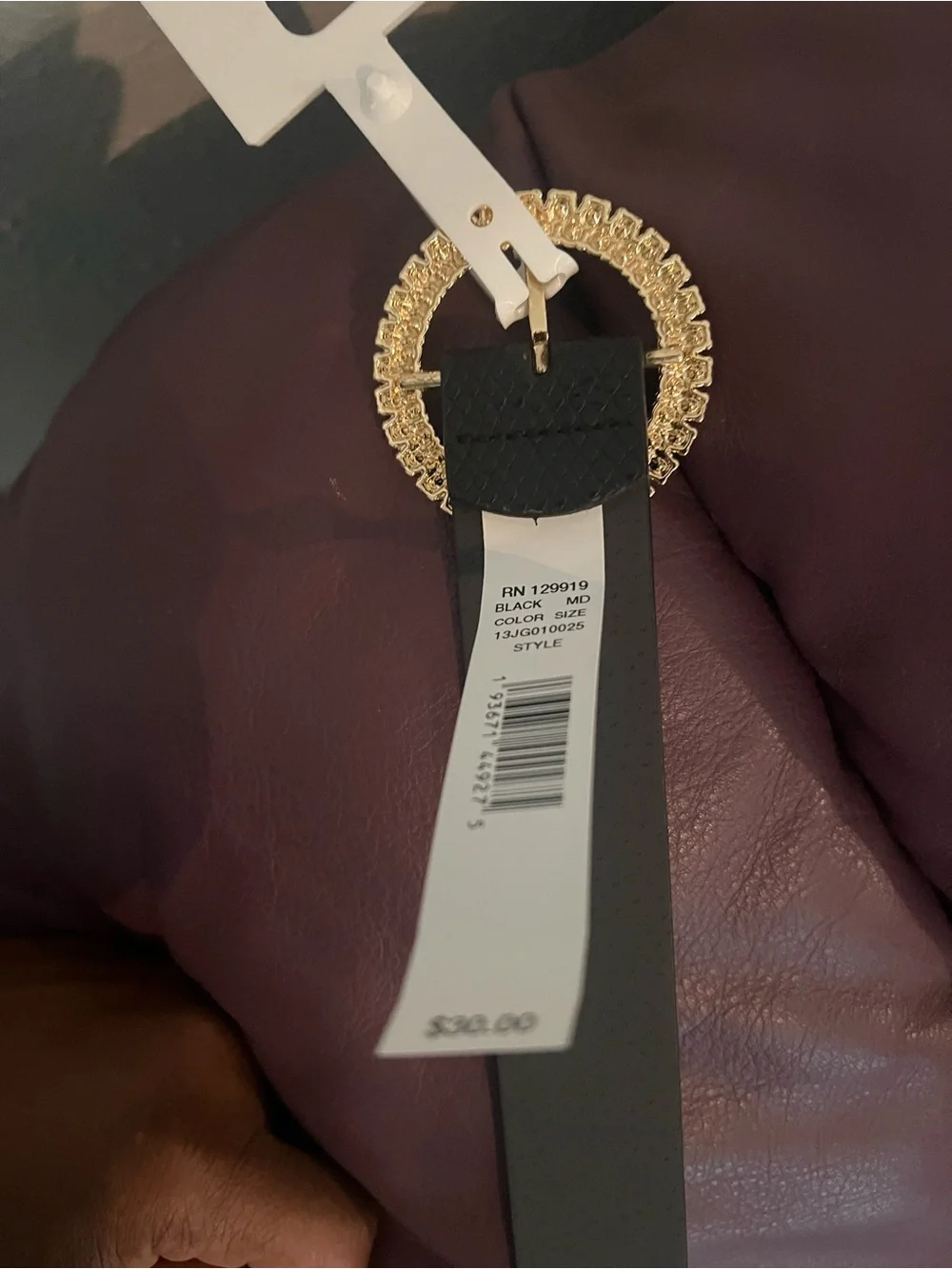 Jessica Simpson Black Textured Belt with Gold Crystal Circle Buckle
